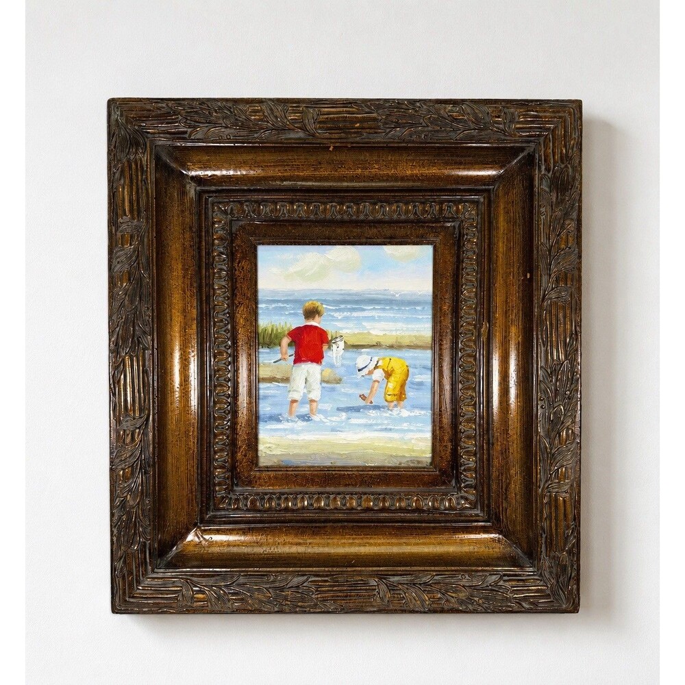 Framed Coastal Beach Scene Oil Painting Children at Shore Ornate Frame 20.5x18.5